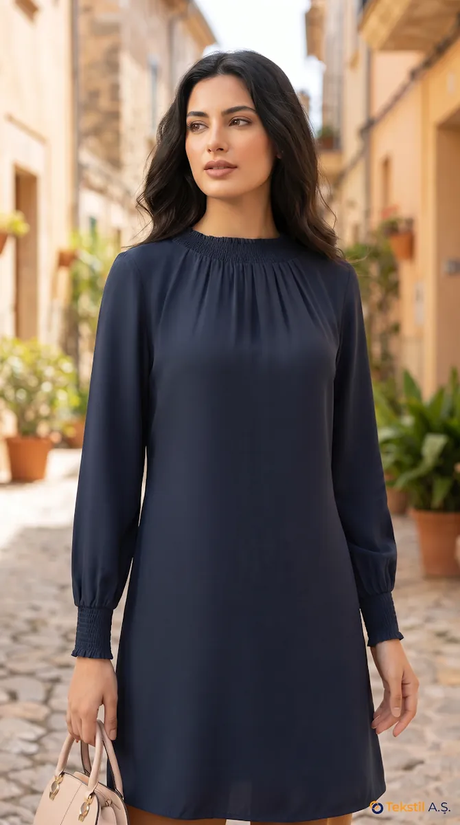 Büzgülü Uzun Tencel Tunik Lacivert