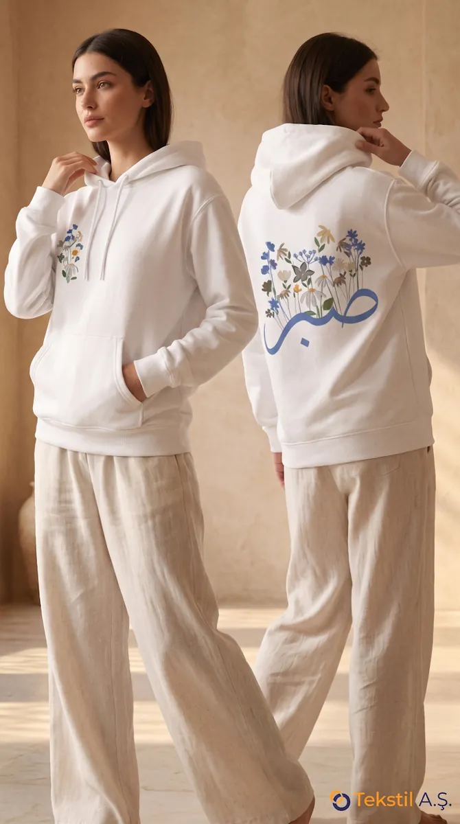 Çiçek Desenli Arapça Kaligrafi İki İplik Kapüşonlu Sweatshirt