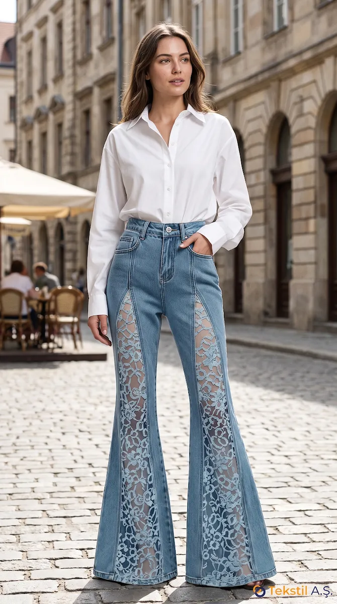 Dantel Parçalı İspanyol Paça Denim Pantolon