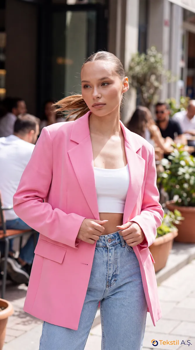Düğmeli Oversize Double Kumaş Blazer Ceket Pembe