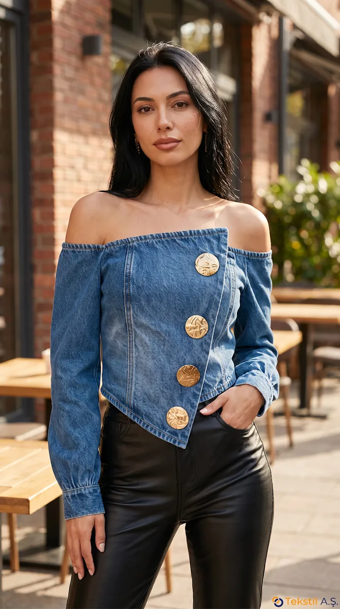 Düşük Omuzlu Uzun Kollu Salaş Denim Gömlek