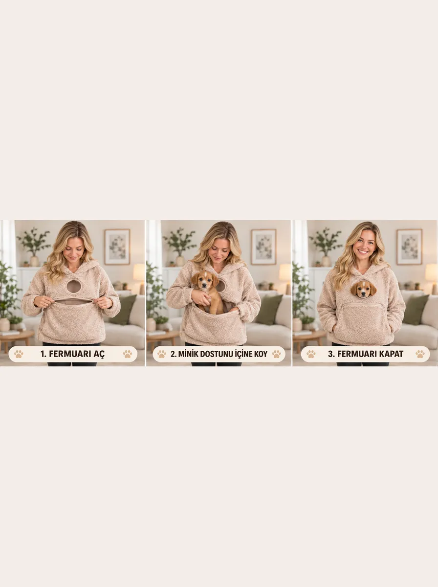 Evcil Hayvan Taşıma Cepli Oversize Kapüşonlu Sweatshirt - Sweatshirt fason üretim görsel 3