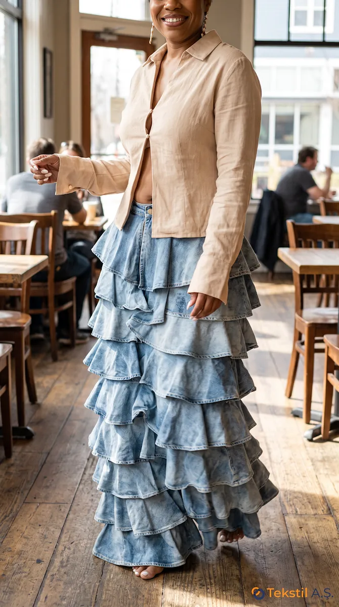 Fırfır Katlı Bol Paça Denim Pantolon Açık Mavi
