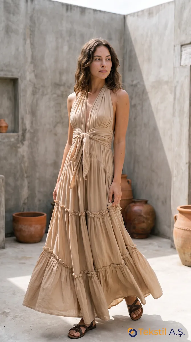 Halter Yaka Sırt Dekolteli Tencel Maxi Elbise