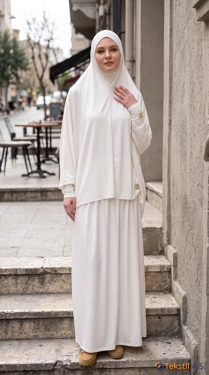 İki Parça Viskon Namaz Elbisesi Beyaz