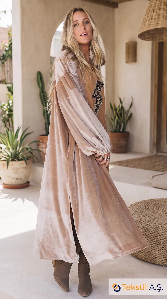 Kadife Süet Duster Hırka Kimono Kahve
