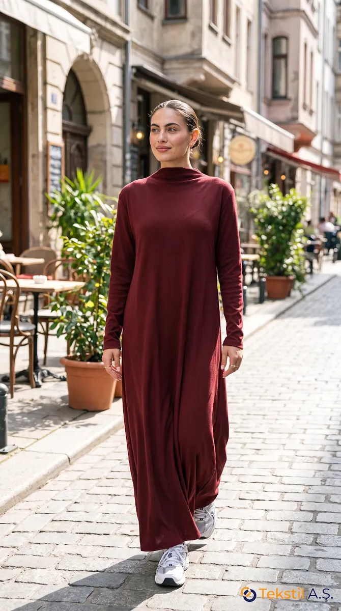 Kayık Yaka Medine İpeği Maxi Elbise Vişne