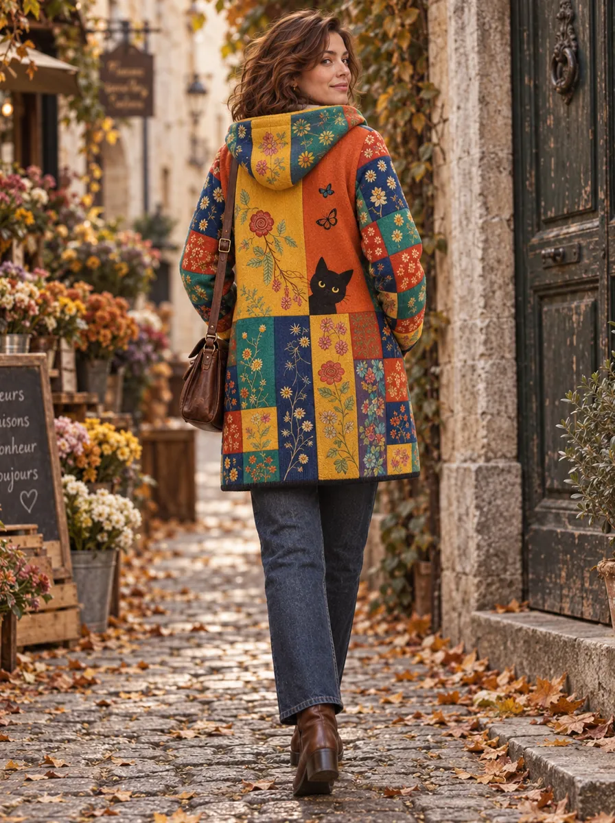 Kedi ve Çiçek Desenli Patchwork Kapüşonlu Kaban - Kaban fason üretim görsel 3