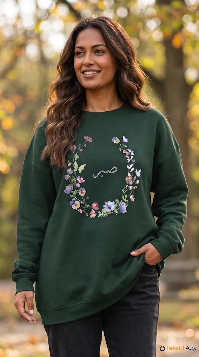 Kır Çiçeği Desenli Arapça Kaligrafi İki İplik Sweatshirt