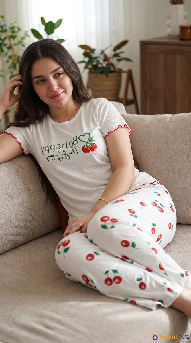 Kiraz Desenli Fırfırlı Kısa Kollu Kaşkorse Pijama Takımı