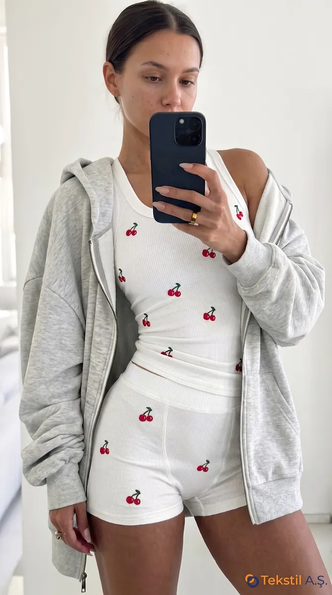Kiraz Desenli U Yaka Kaşkorse Şortlu Pijama Takımı Bej