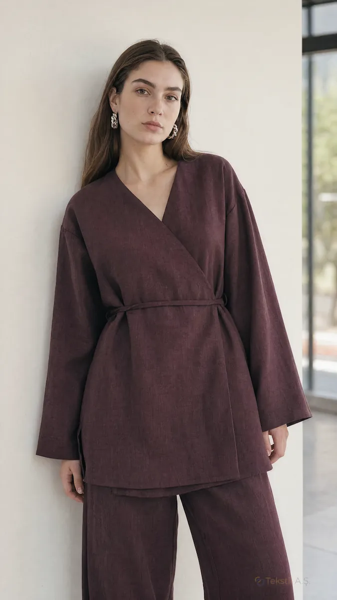 Kruvaze Kapamalı Keten Kimono Takım Mürdüm