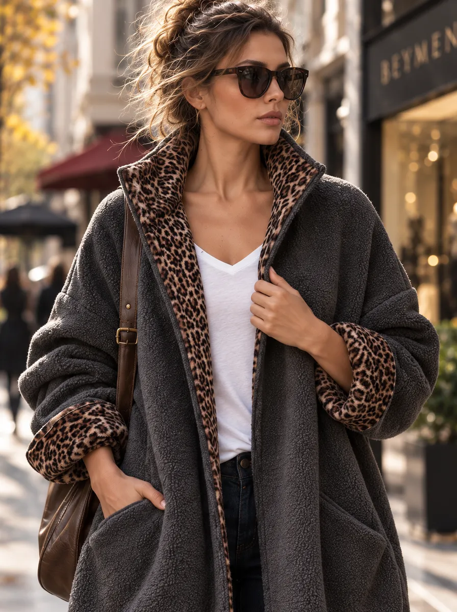 Leopar Astarlı Koza Kesim Sherpa Polar Palto - Palto fason üretim görsel 4
