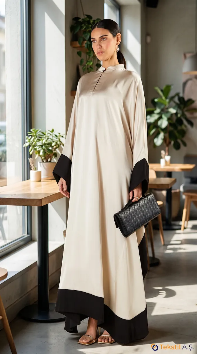 Medine İpeği Uzun Kaftan Bej