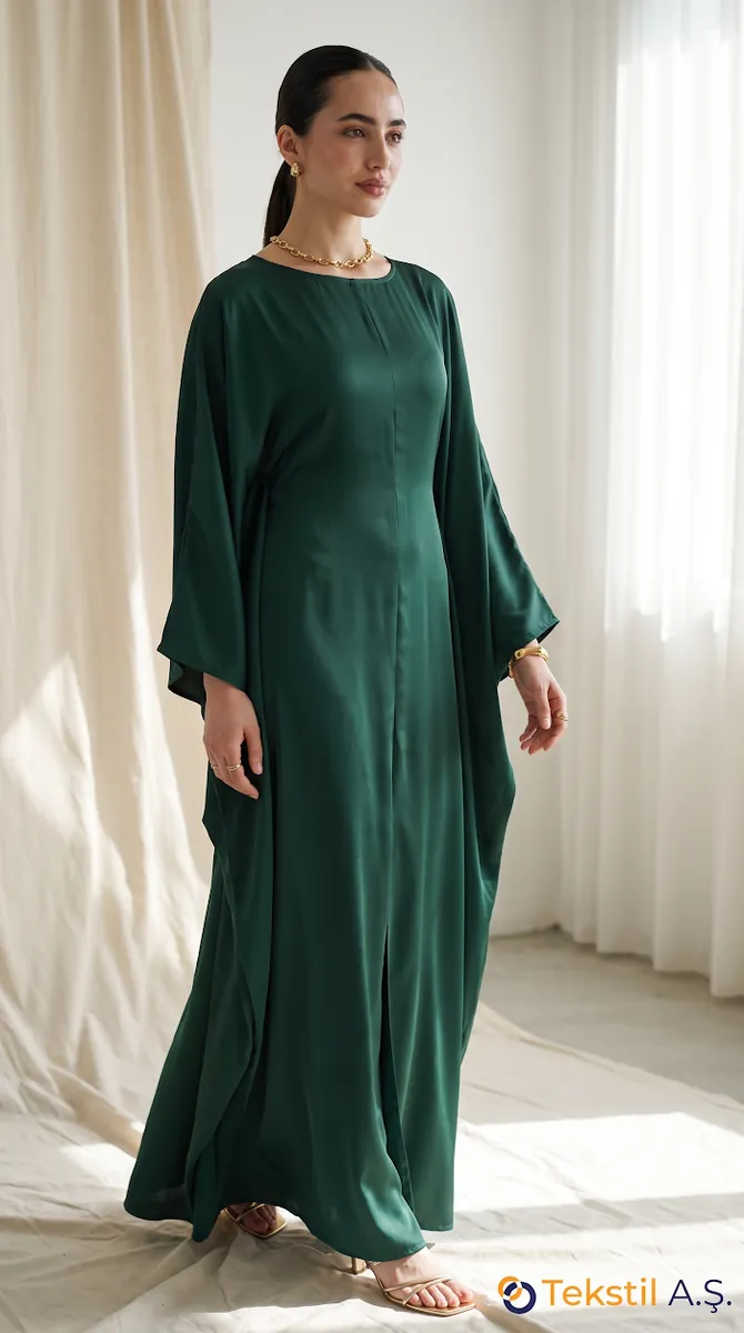 Modal Uzun Kaftan Yeşil - Kimono & Panço fason üretim