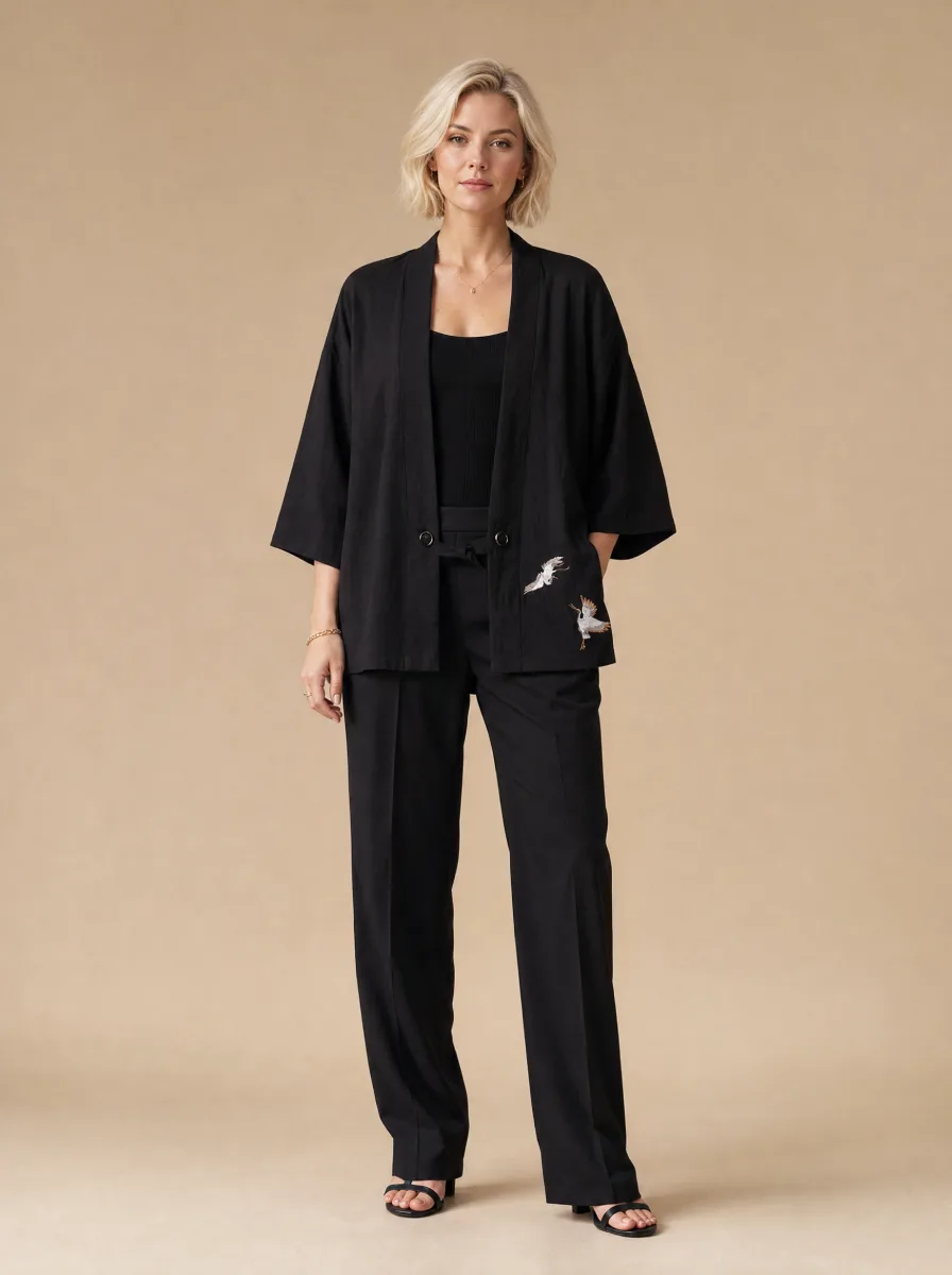 Nakış Detaylı Triko Kimono - Kimono & Panço fason üretim