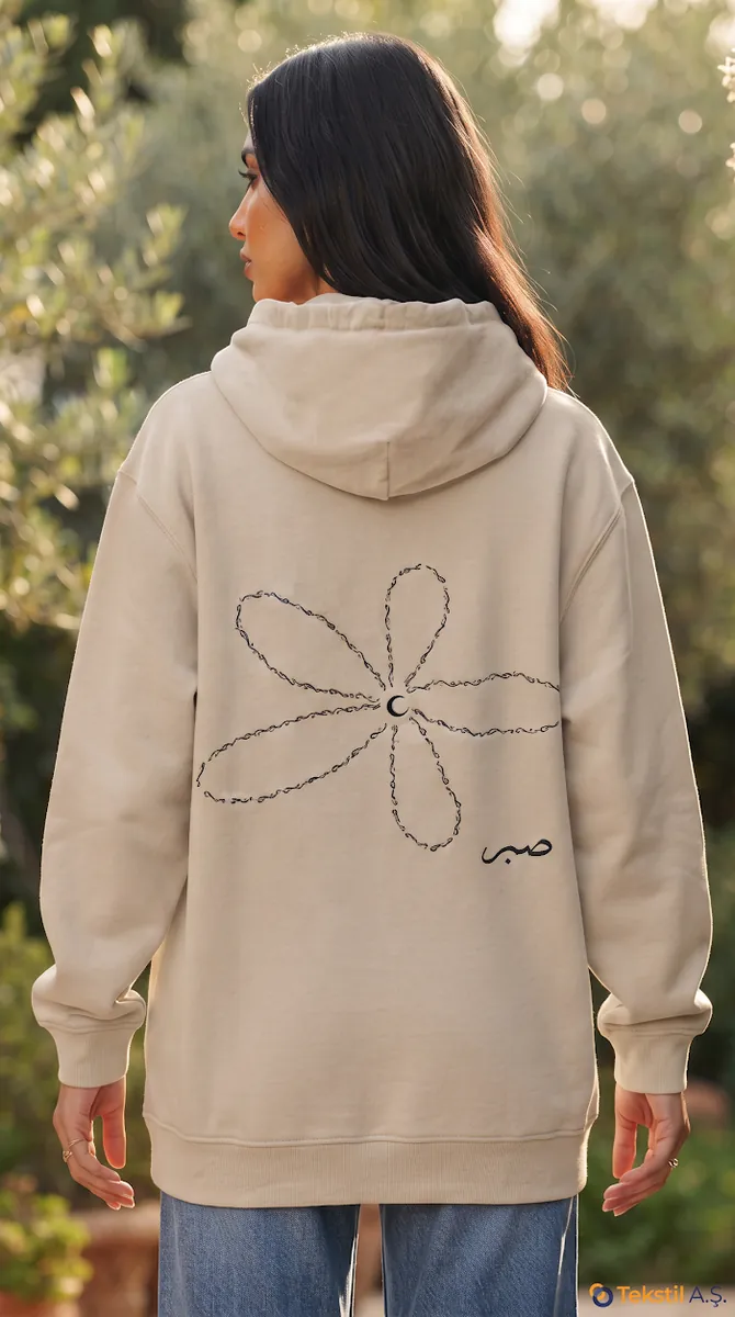 Papatya Desenli Arapça Kaligrafi Kapüşonlu Sweatshirt Siyah