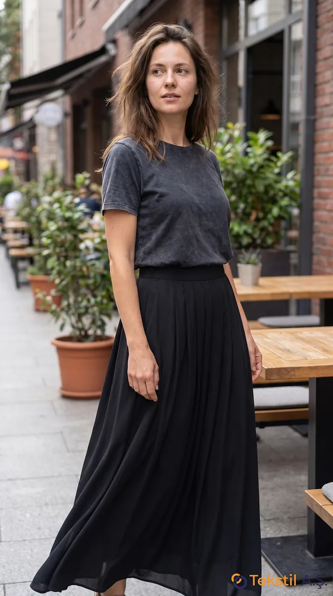 Piliseli Tencel Maxi Etek Siyah