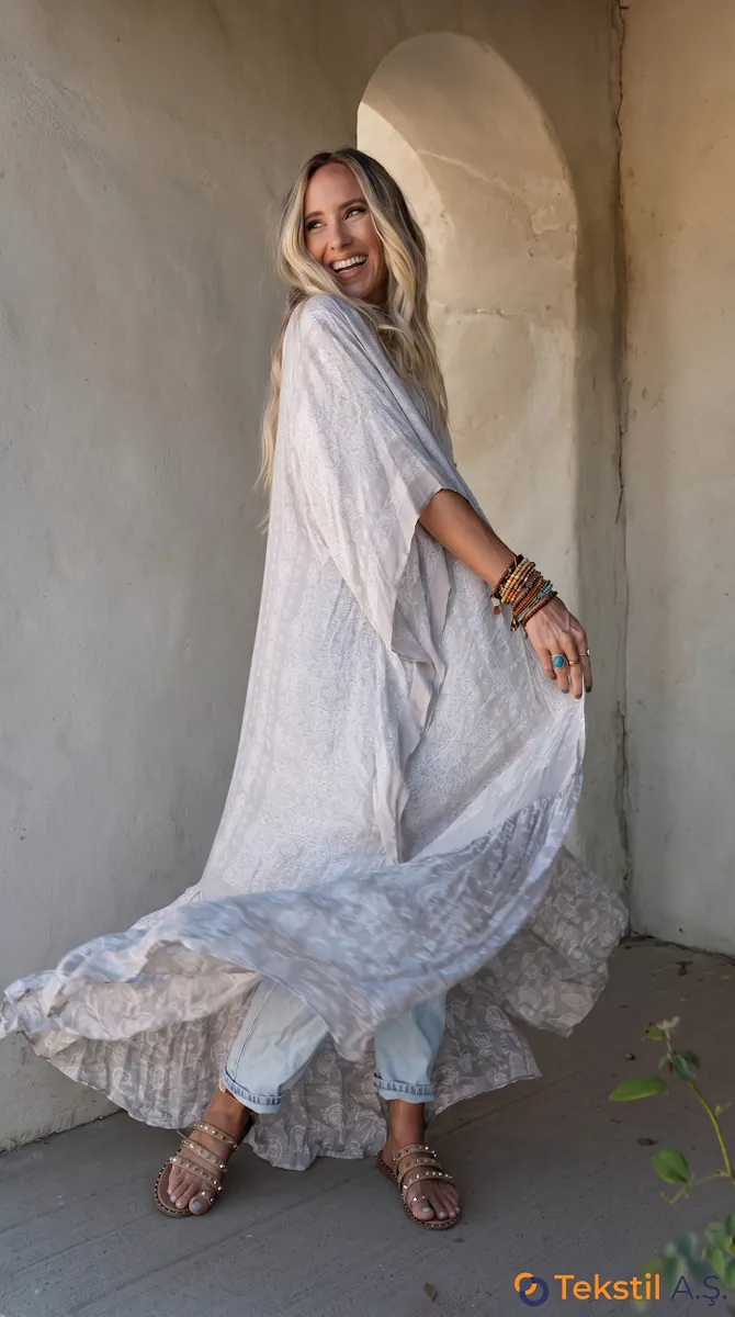 Şal Desenli Pamuk Keten Duster Kimono Gri
