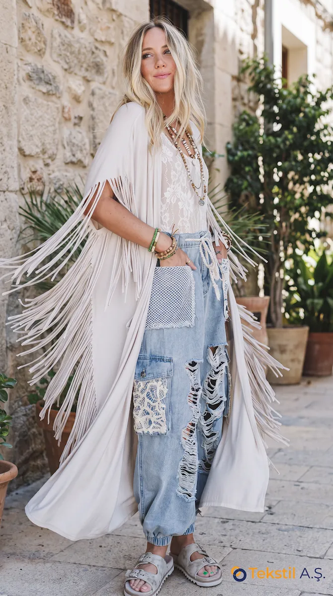 Uzun Pamuk Keten Duster Kimono Yulaf