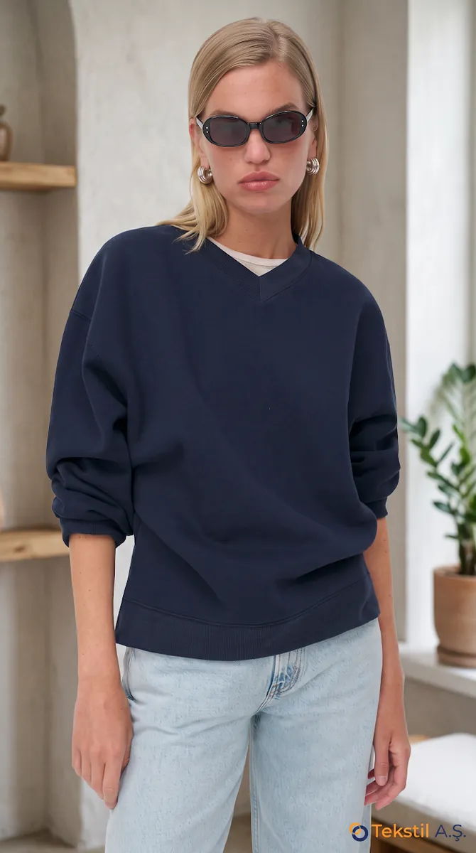 V Yaka İki İplik Sweatshirt - Sweatshırt fason üretim