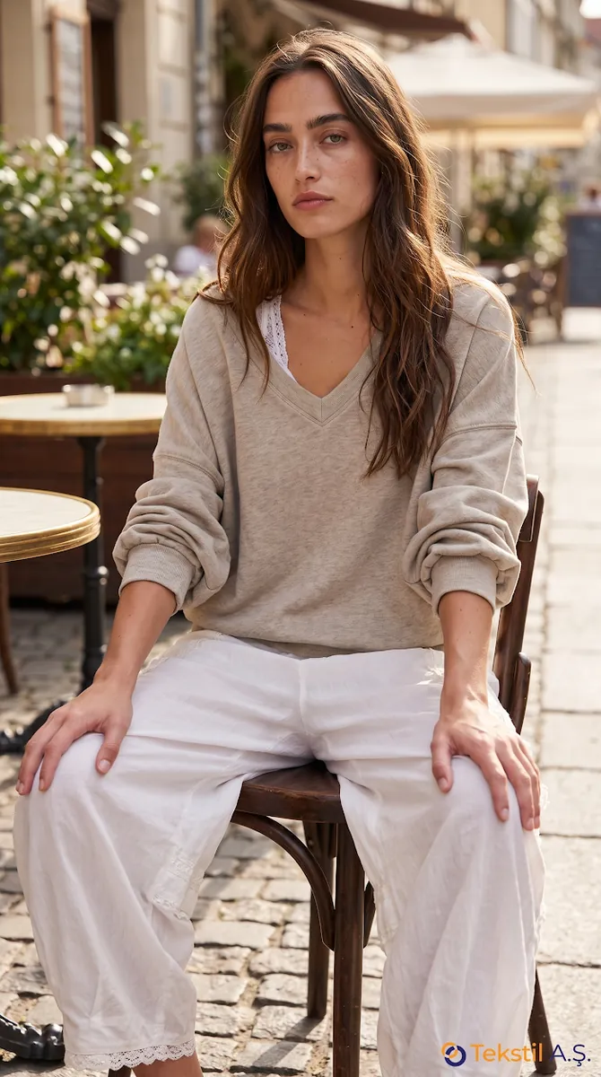 V Yaka Oversize İki İplik Sweatshirt