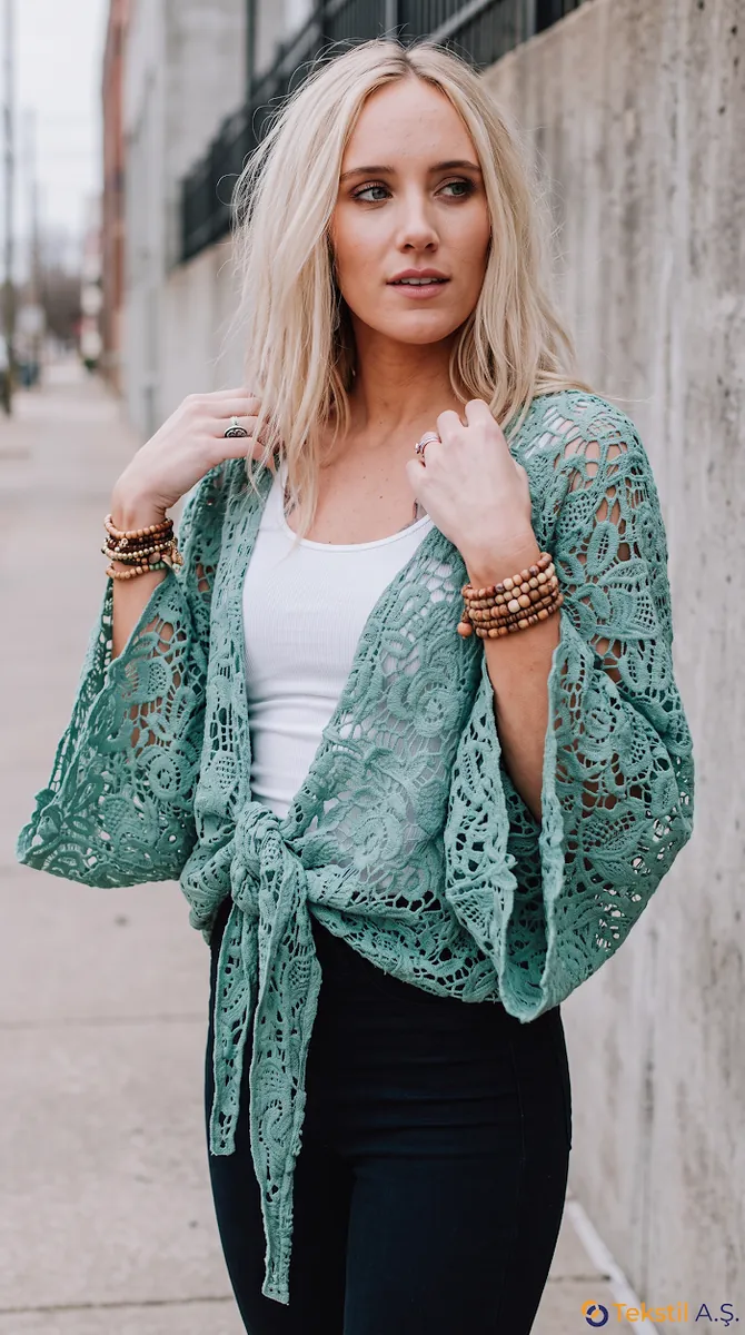 Yaprak Motifli Gipür Kimono Mint
