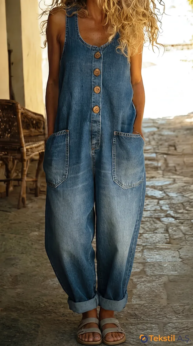 Yelekli Denim Tulum - Tulum fason üretim